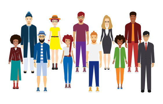 Big crowd diverse ethnic. Young people are standing shoulder to shoulder with each other. Different styles of clothing and hairstyles. Happy people. Vector illustration