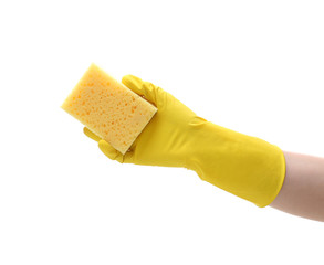 Female hand with sponge on white background