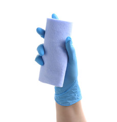 Female hand with napkin on white background