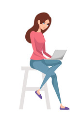 Pretty women sit on white chair and using laptop. Cartoon character design. Cute brown hair girl. Flat vector illustration isolated on white background