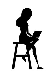 Fototapeta premium Black silhouette. Pretty women sit on white chair and using laptop. Cartoon character design. Cute brown hair girl. Flat vector illustration isolated on white background