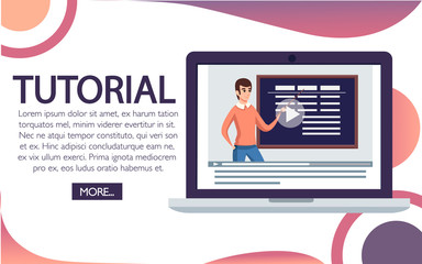 Man in casual clothing stay at blackboard and hold a pointer in hand. Cartoon character design. Flat vector illustration on white background. Turorial concept, design for web site or app