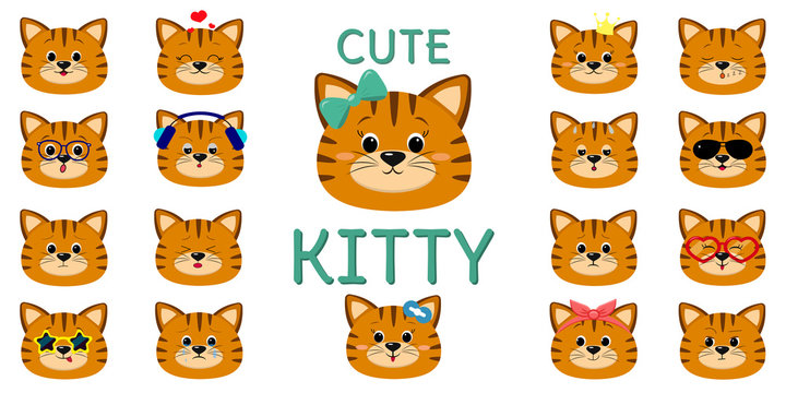 Cute redhead striped cat, mega set of different emotions. Cartoon style, flat design, vector illustration