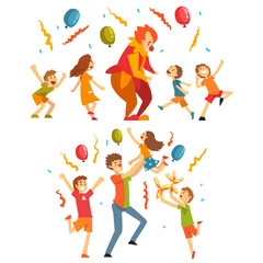 Friendly Circus Clowns in Colorful Costumes Playing with Small Happy Children Vector Illustration