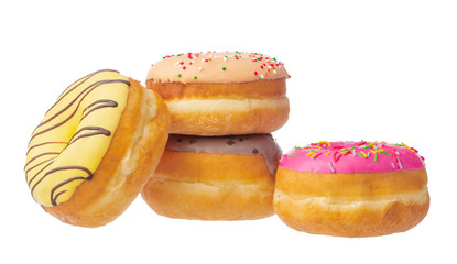Delicious colorful donuts isolated on white background