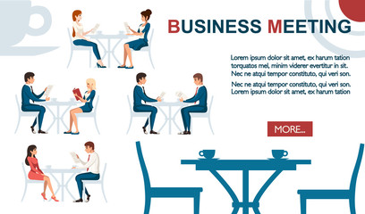 Business meeting concept. Man and women sit on wooden chair and talking. Flat vector illustration on white background. Business concept, place for text and button