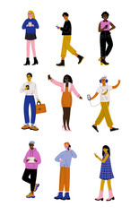 Fototapeta na wymiar Trendy People with Gadgets Set, Young Men and Women Using Hi Tech Technologies Vector Illustration