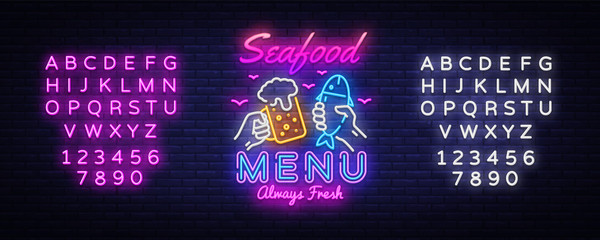 Seafood Menu Neon Design Vector. Seafood Menu neon sign, design template, modern trend design, night signboard, night bright advertising, light banner, light art. Vector. Editing text neon sign