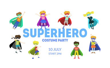 Superhero Costume Party Banner, Cute Boys and Girls in Superhero Costumes and Masks, Birthday Invitation, Landing Page Template Vector Illustration