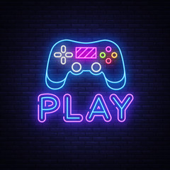 Gaming neon sign vector. Play Design template neon sign, light banner, neon signboard, nightly bright advertising, light inscription. Vector illustration © Ivan