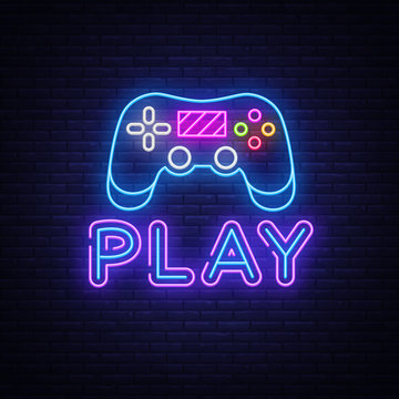 Gaming neon sign vector. Play Design template neon sign, light banner, neon signboard, nightly bright advertising, light inscription. Vector illustration