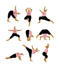 Plus Size Curvy Woman in Yoga Positions Set, Plump Girl Practicing Yoga, Sport and Healthy Lifestyle Vector Illustration