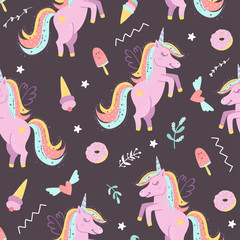 Seamless pattern with fairy unicorns