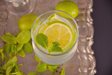 Lemonade or mojito cocktail with lemon and mint, cold refreshing drink or beverage with ice