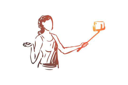 Blogger, smartphone, selfie, woman concept. Hand drawn isolated vector.