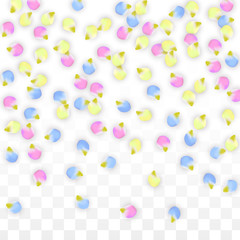 Obraz premium Vector Realistic Colorful Petals Falling on Transparent Background. Spring Romantic Flowers Illustration. Flying Petals. Sakura Spa Design. Blossom Confetti. Design Elements for Wedding Decoration.