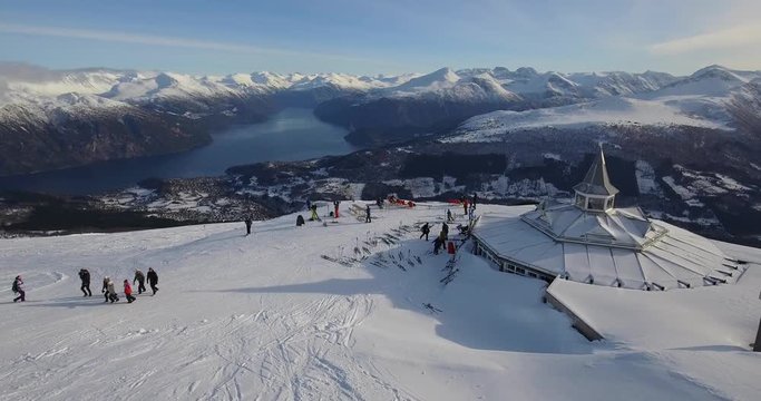 People outside the restaurant at Stranda Ski Resort, Norway.