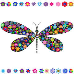Naklejka premium Decorative dragonfly decorated with various multicolored flowers