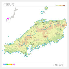 中国地方の地図・Chugoku（等高線・色分け）