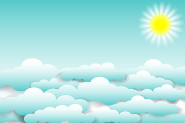 Fototapeta premium Day sky. Blue clouds and sun on a blue background. Paper cut style