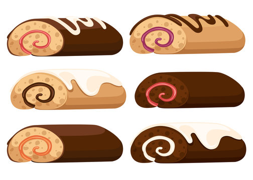 Sweet roll cake. Chocolate swiss roll. Collection of cakes. Flat vector illustration isolated on white background