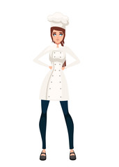 Beautiful women chef with brown hair. Bakery young female chef. Cartoon character design. Flat vector illustration isolated on white background