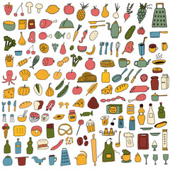 Big color food set on white background. Free hand drawn. Vector illustration.