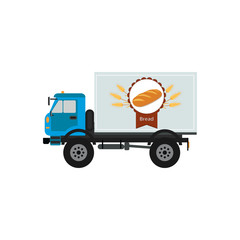 Vector illustration of bread truck delivery. Fresh bread delivery icon. Bakery truck or emblem with fresh loaf.