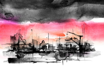 Watercolor art illustration. splash of paint, stain. black Silhouettes industrial city zone, urban landscape, sunset. Watercolor logo, drawing. Construction, crane, silhouette of the port.  storm