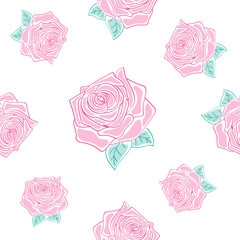 Floral seamless pattern with pink roses. Colorful background with flower bloom, summer theme. Vector holiday illustration, bright texture.