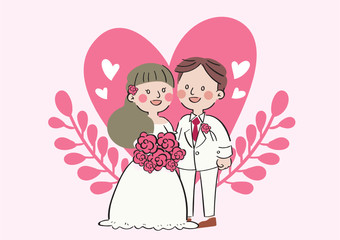 hand draw cartoon romance wedding couple celebration character design vector