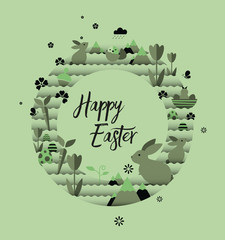 Holiday illustration. Easter wreath with greetings, easter bunnies, tulips, eggs, flowers, butterflies and carrots on green background.