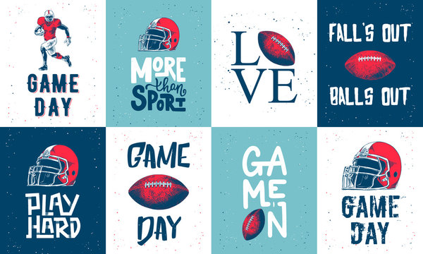 Set of vector engraved style posters, decoration and print. Hand drawn sketches of american football with modern typography and lettering. Detailed vintage etching style drawing.