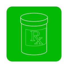 Icono plano lineal bote de medicinas en cuadrado color verde
