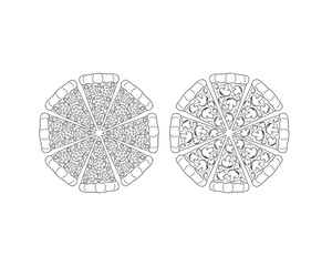 Round pizza isolated on white background. Pizza with mushrooms and sausage cut into pieces. 