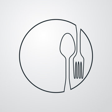 recommend clip art: Icono plano lineal cubiertos en círculo en fondo gris