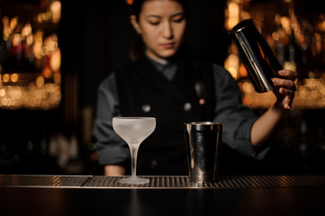 Bartender girl holding a steel shaker on the foreground of ice glass