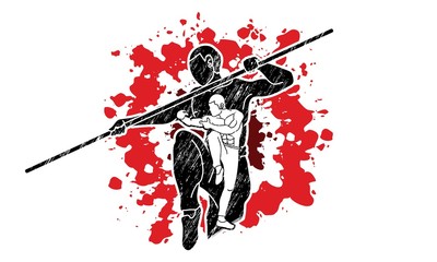 Kung Fu with quarterstaff action cartoon graphic vector.
