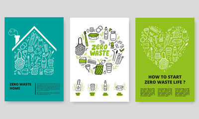 Zero waste. Round frame with doodle elements. Black and white hand-drawn vector illustration. Good for banner, postcard, background or flyer.