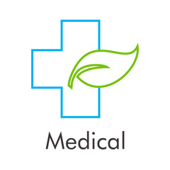 Logotipo abstracto con texto Medical con cruz y hoja de planta lineal en verde y azul