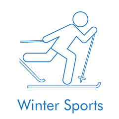 Logotipo con texto Winter Sports con icono lineal esqui cross country en color azul