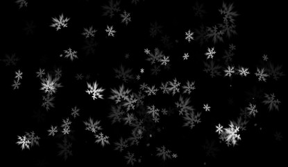 Naklejka na ściany i meble First falling snow texture on black background.