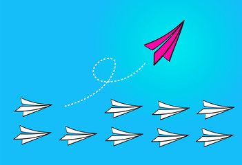 Leadership concept with Red paper plane leading among white paper planes on blue background