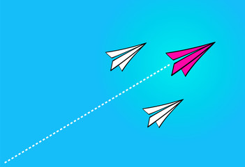 Leadership concept with Red paper plane leading among white paper planes on blue background