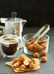 Hazelnuts in chocolate glaze. homemade sweets.