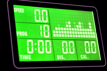 Green Control panel on modern treadmill in close up