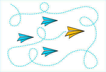 Leadership concept with Yellow paper plane leading among Blue paper planes on White background