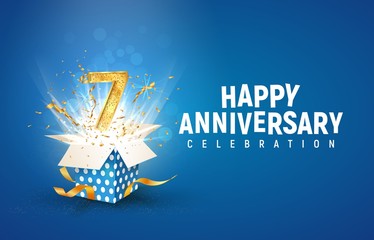 7 th years anniversary banner with open burst gift box. Template seventh birthday celebration and abstract text on blue background vector illustration