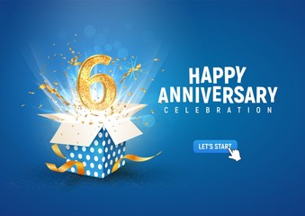 6 th years anniversary banner with open burst gift box. Template sixth birthday celebration and abstract text on blue background vector illustration - obrazy, fototapety, plakaty
