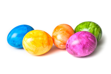 closeup of decorative painted easter eggs on white background